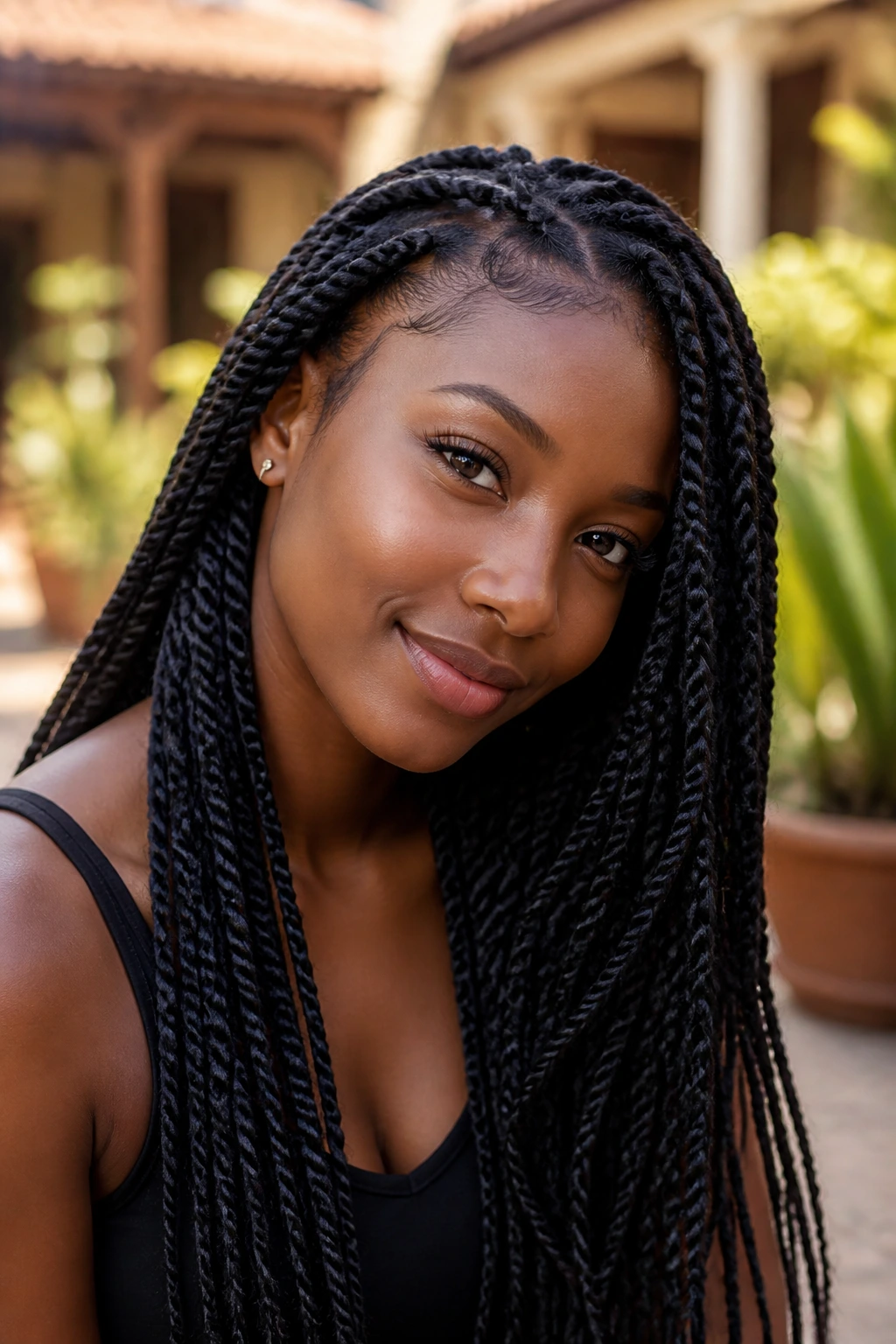 Close-up portrait of a real person with Senegalese twists in a rope-like texture