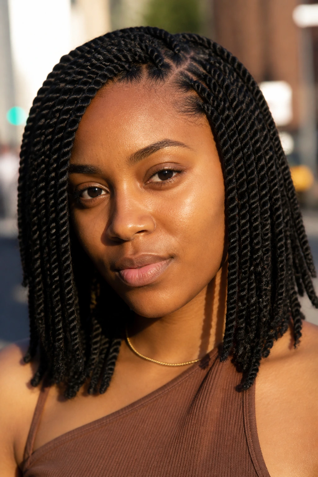Close-up of a real woman with Senegalese twists in an outdoor urban setting