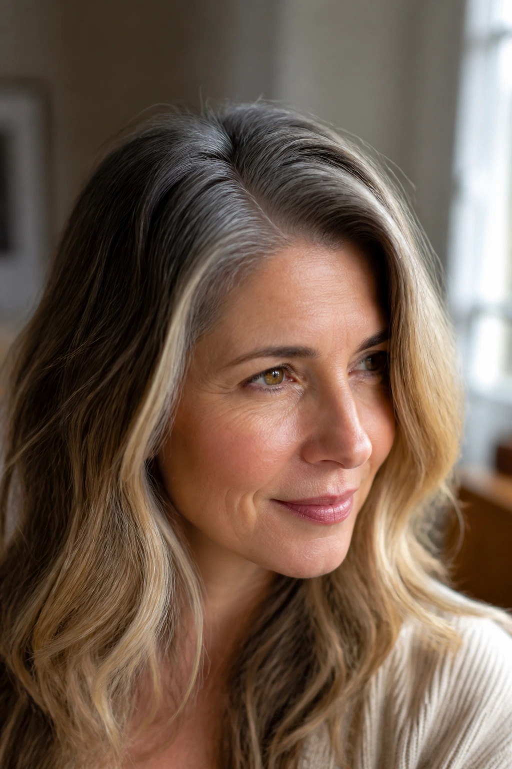 Hair showing shadow roots transitioning to lighter ends