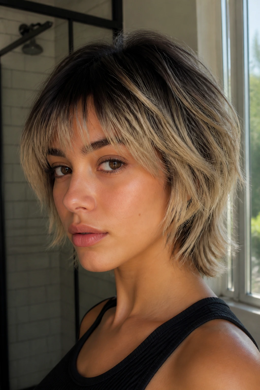Close-up of a real woman with shadow-rooted short wolf cut and window light