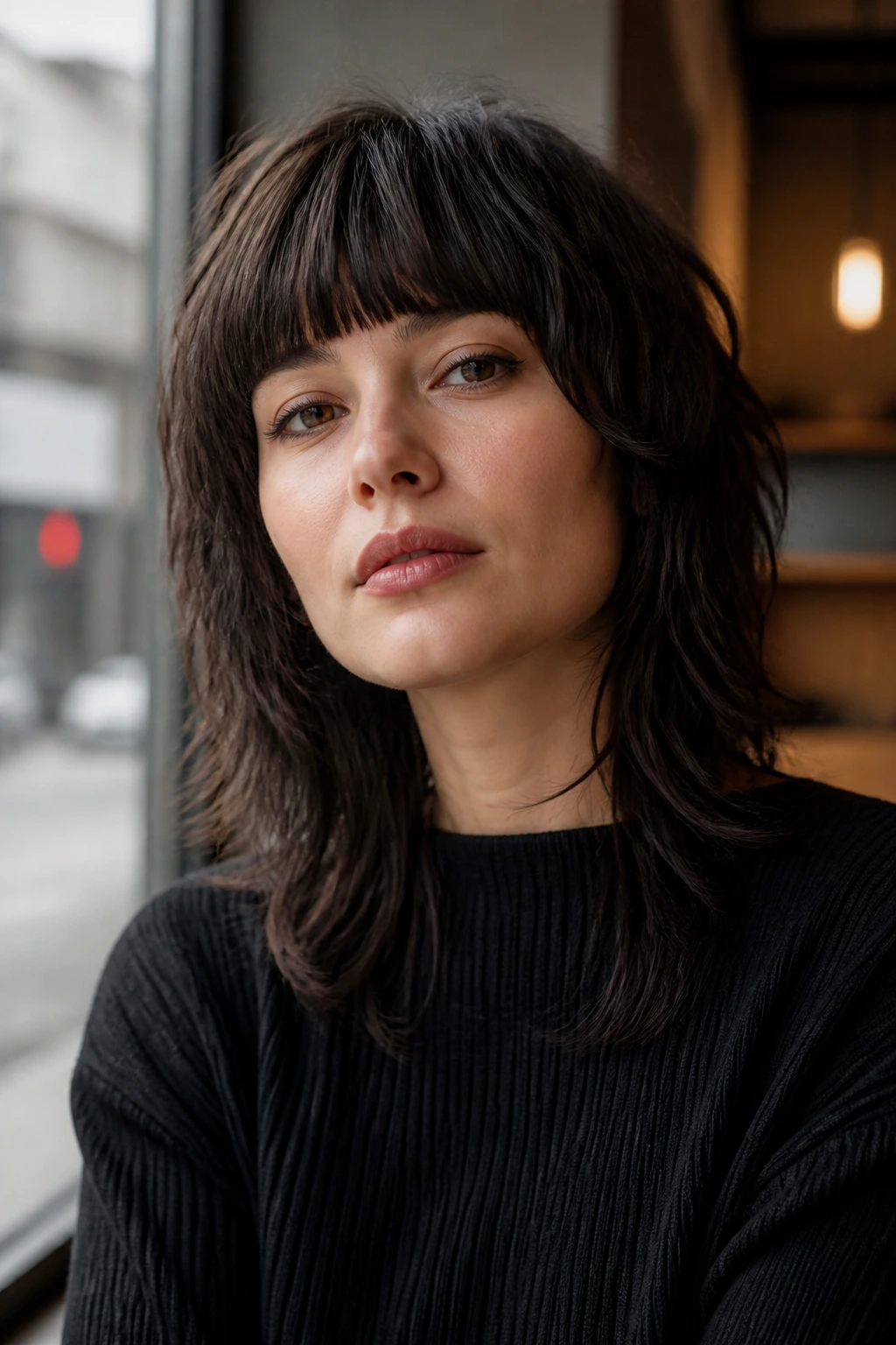 Close-up of a real person with shag haircut and blunt bangs.