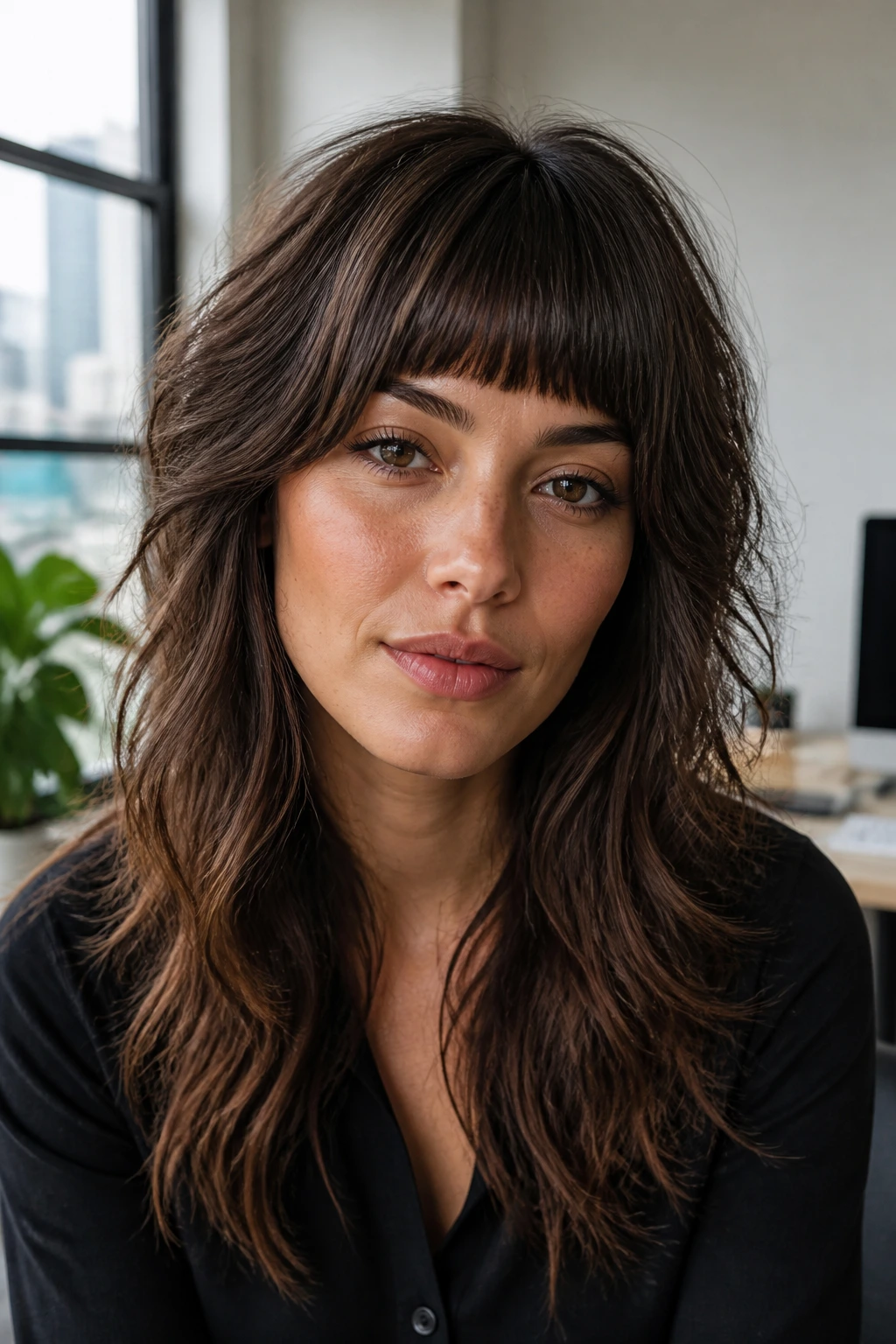 Close-up of a real woman's shag with blunt bottleneck bangs.