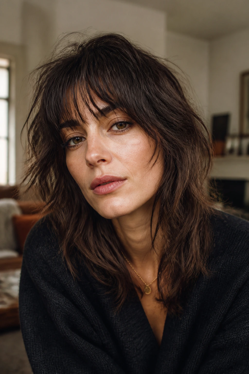 Close-up of a real woman with textured shag fringe and messy layers in warm indoor light