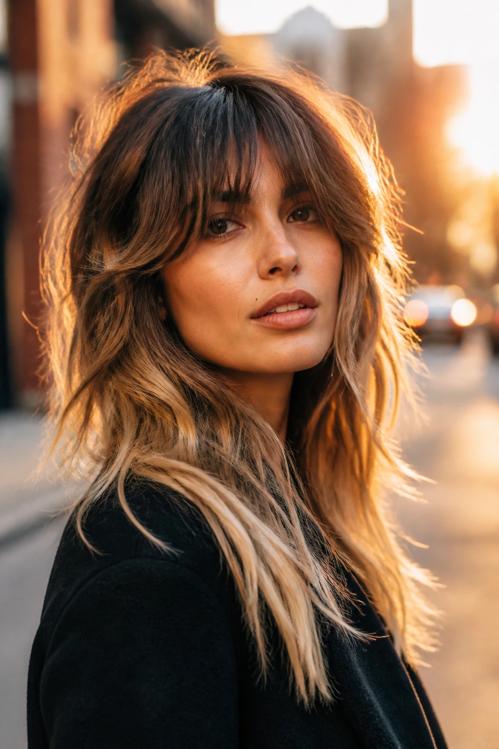 Close-up of a real person with a shag cut showing ombré or balayage dimensions.