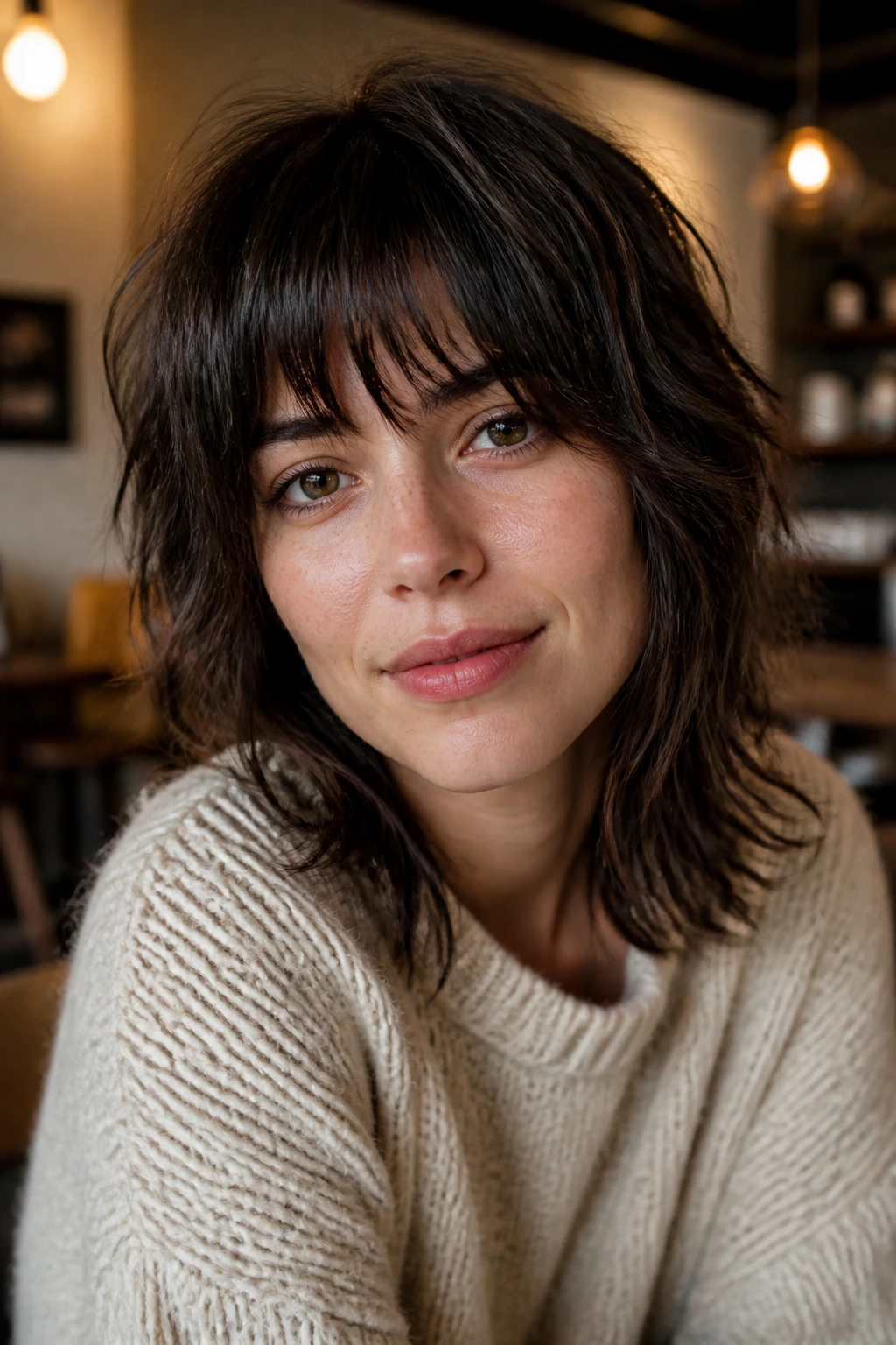 Close-up of a real woman's shaggy layered fringe