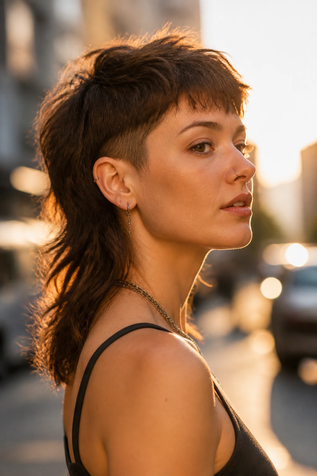 Three-quarter profile of real person with shaggy mullet hybrid hairstyle