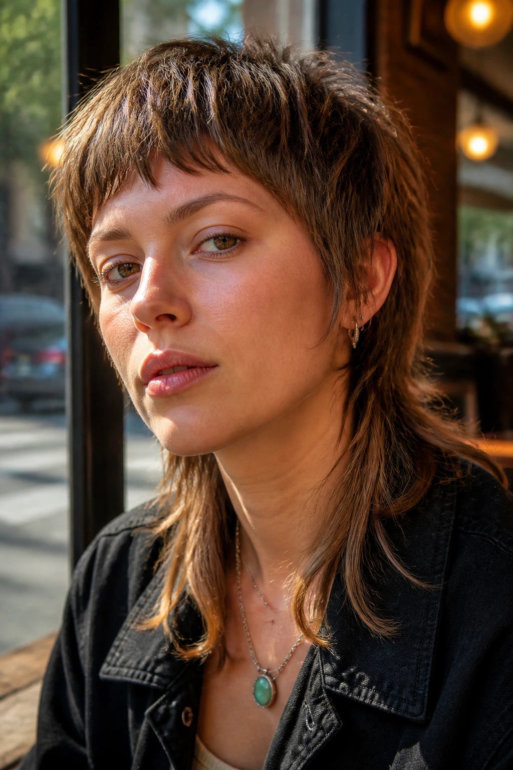 Close-up of a real person with a modern shaggy mullet in a sunlit cafe.