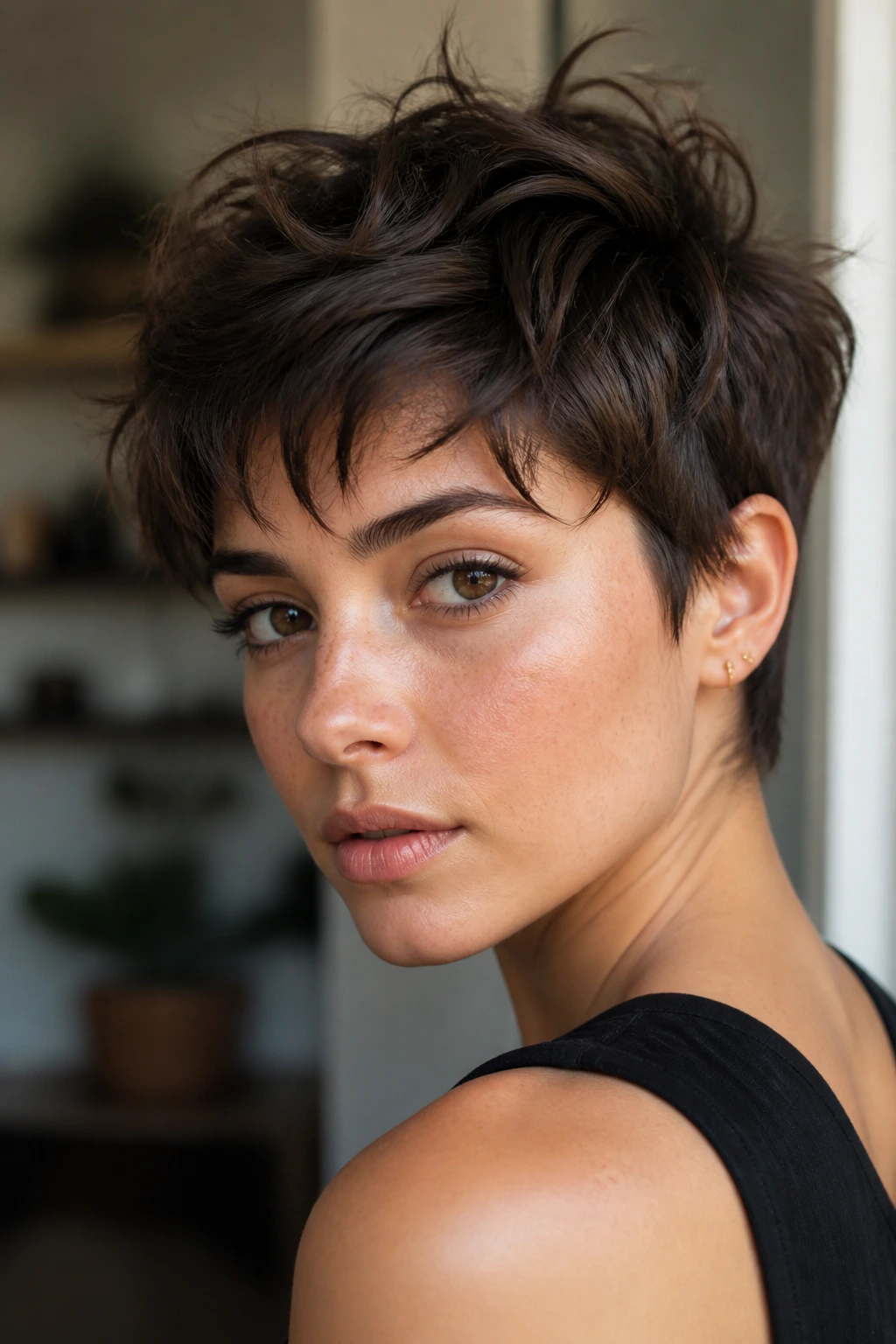 Real woman with shaggy textured pixie hairstyle close-up