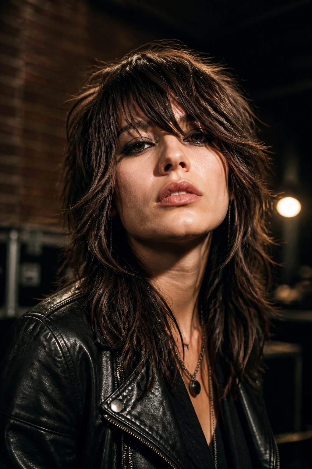Close-up of a real person with shaggy rocker bangs and textured layers in moody backstage lighting