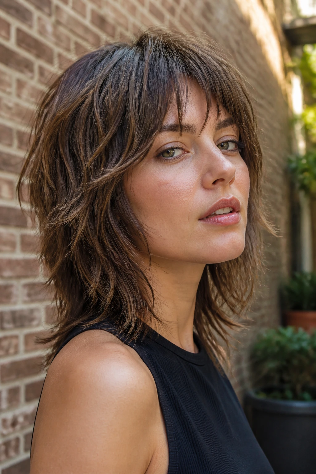 Close-up portrait of a real woman with Shattered Ends Shag, jagged ends creating random texture outdoors.