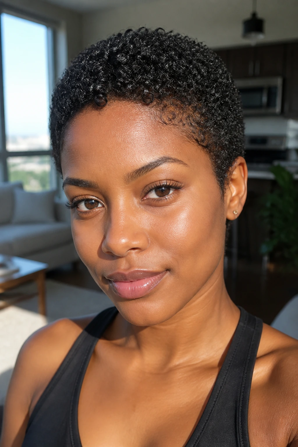 Close-up of a real Black woman with a 1-2 inch uniform curly crop.