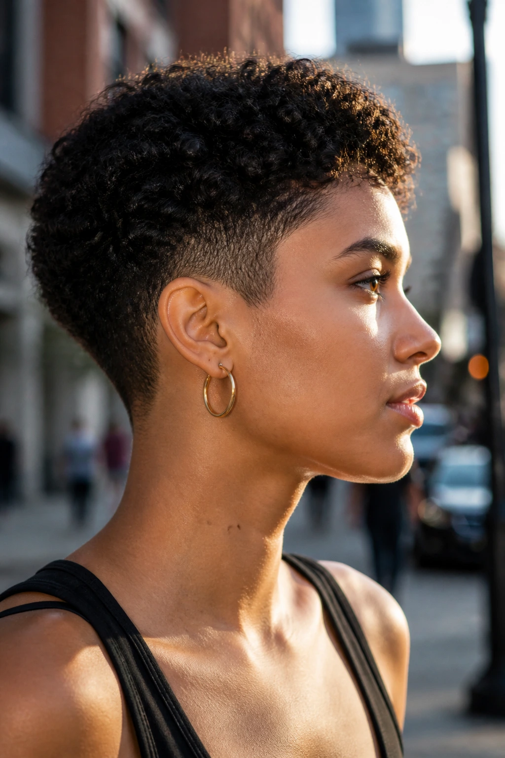 Profile of a person with short curly cut and tapered sides