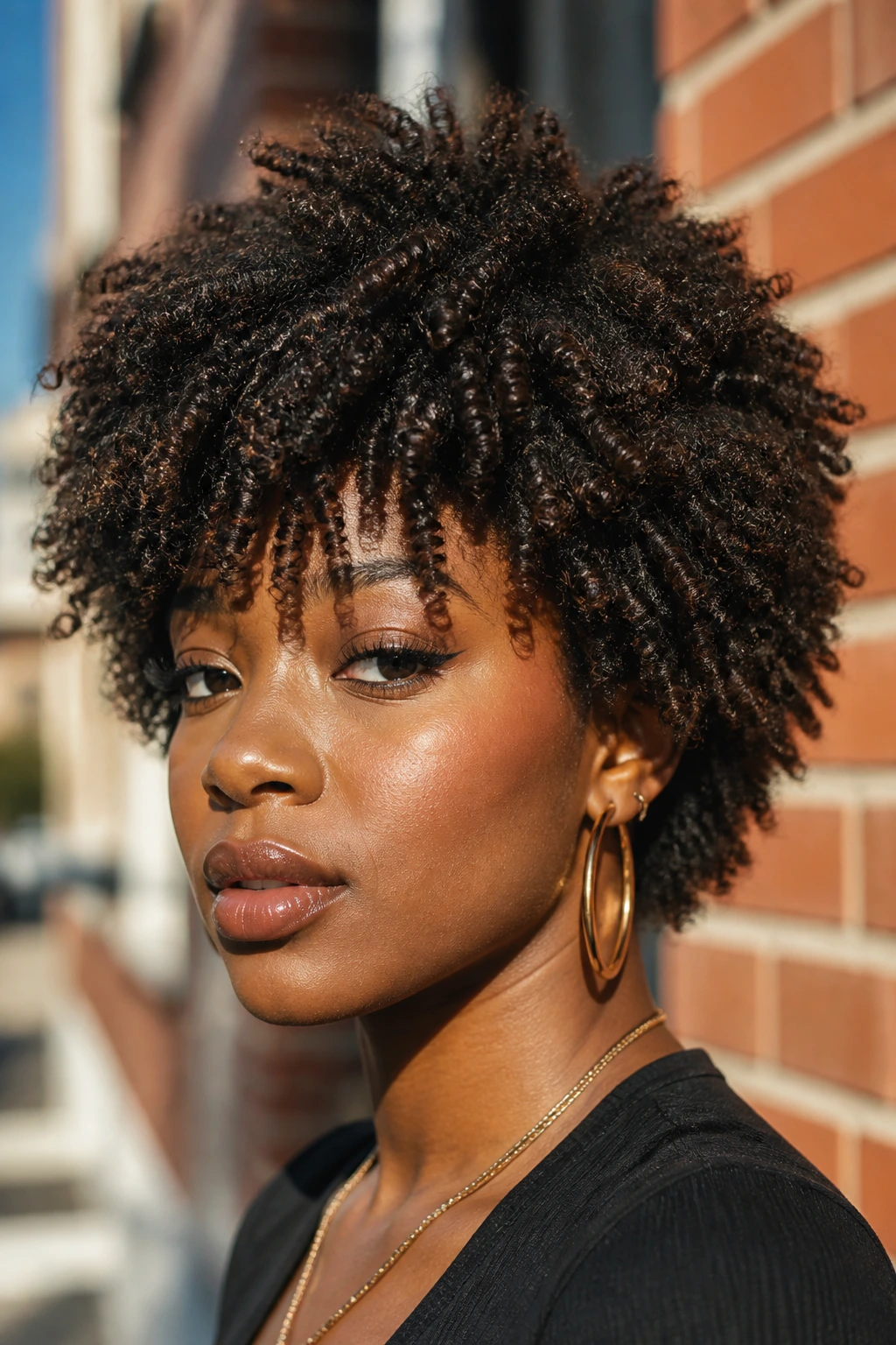 Close-up of a real Black woman with a short layered shag for coily hair.