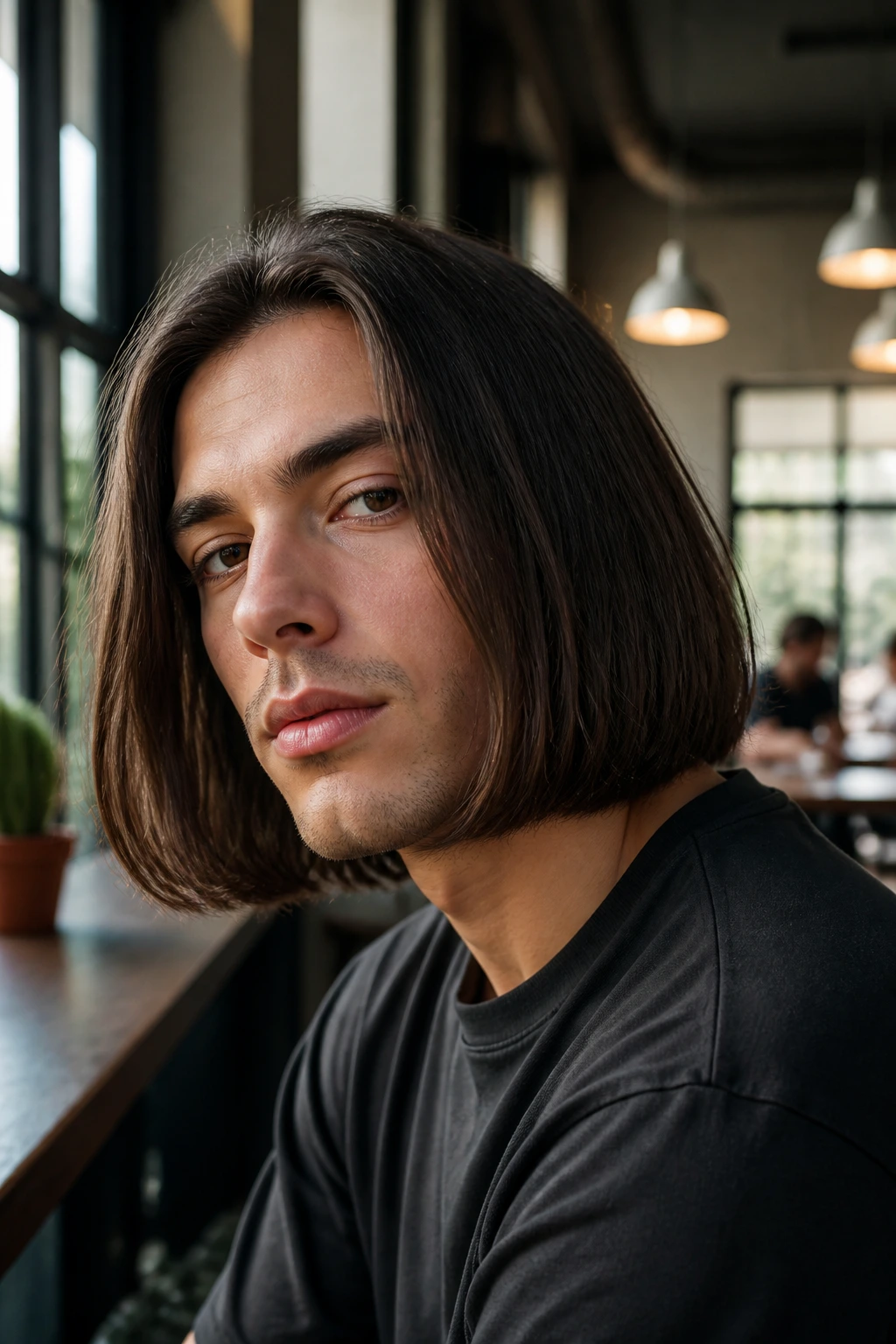 Portrait of a man with shoulder-length blunt bob hairstyle in a cafe