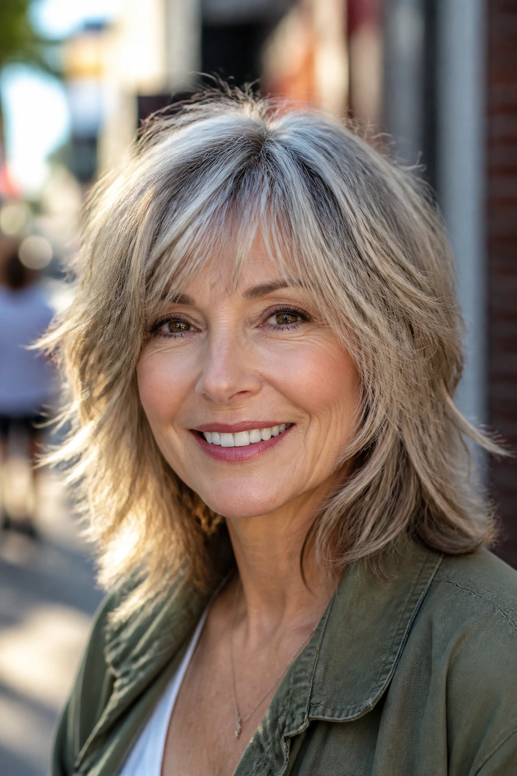 Portrait of a real woman with shoulder-length shag hairstyle