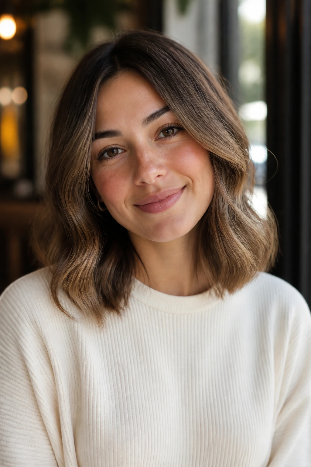 Real woman with shoulder-length soft waves framing her face in warm cafe light.