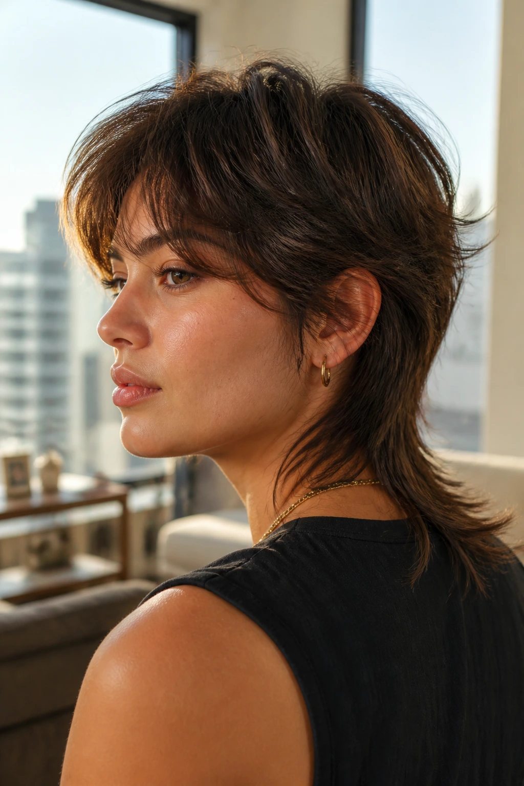 Close-up of a real woman with a soft shullet and hidden sides hairstyle