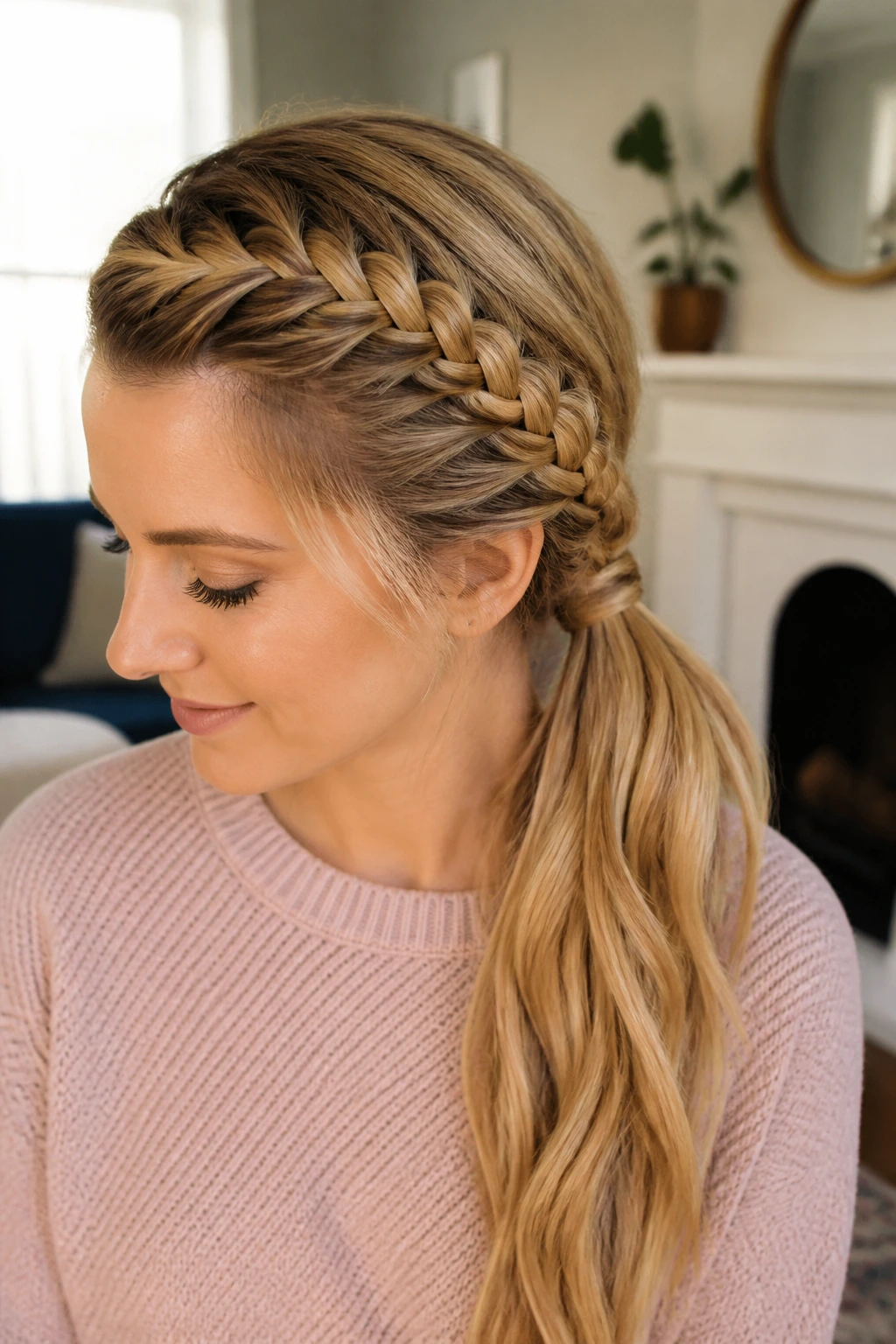Real woman with a side-braid French plait across the head