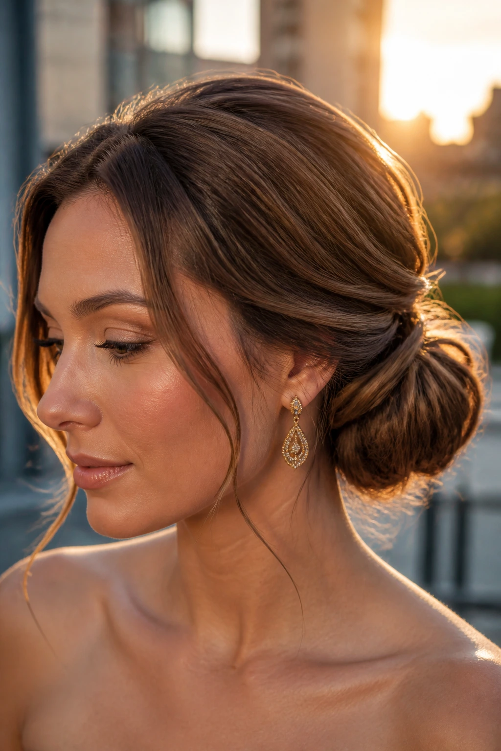 Close-up of a real woman with Wrapped Side Knot hairstyle on an outdoor terrace