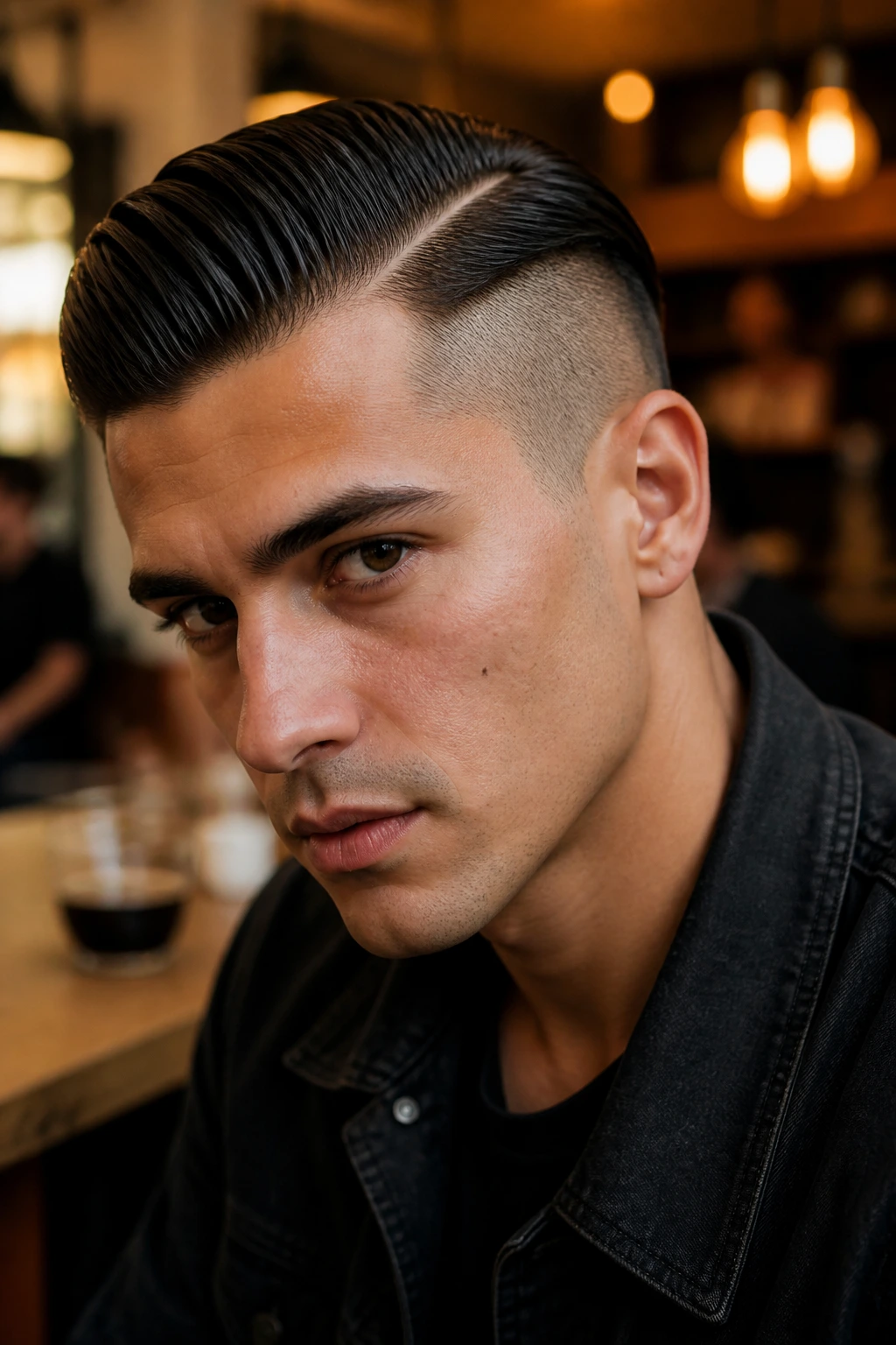 Portrait of real person with slick side part and temple shave