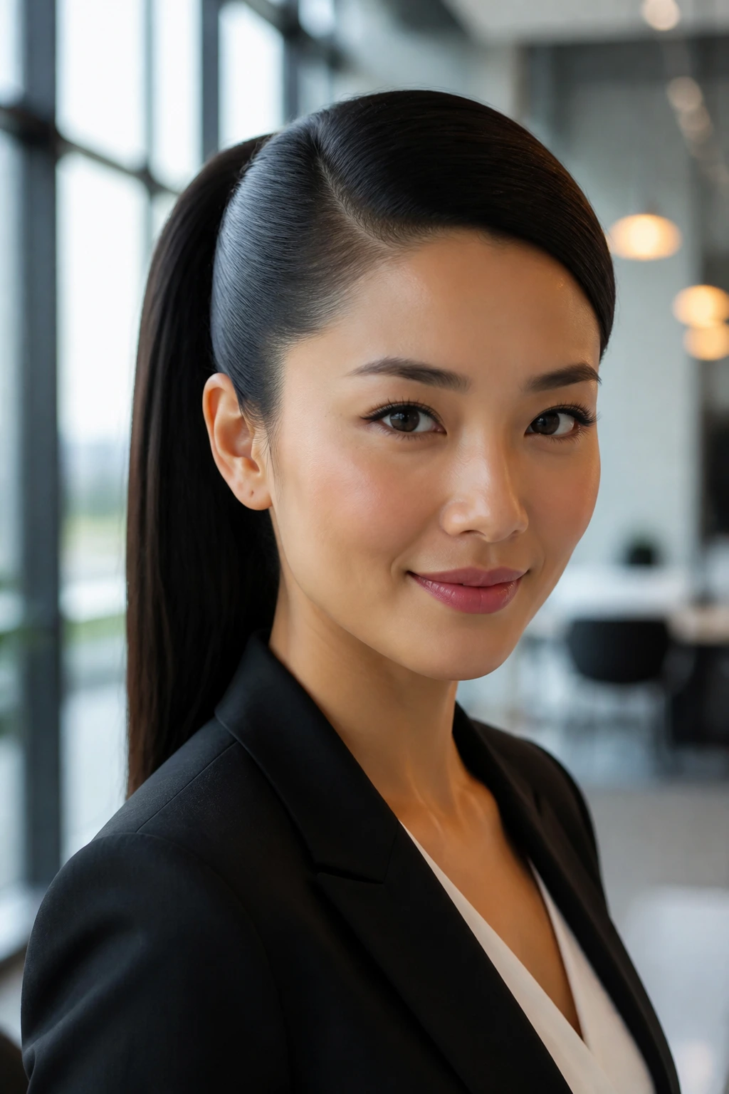 Side-parted sleek pony close-up portrait