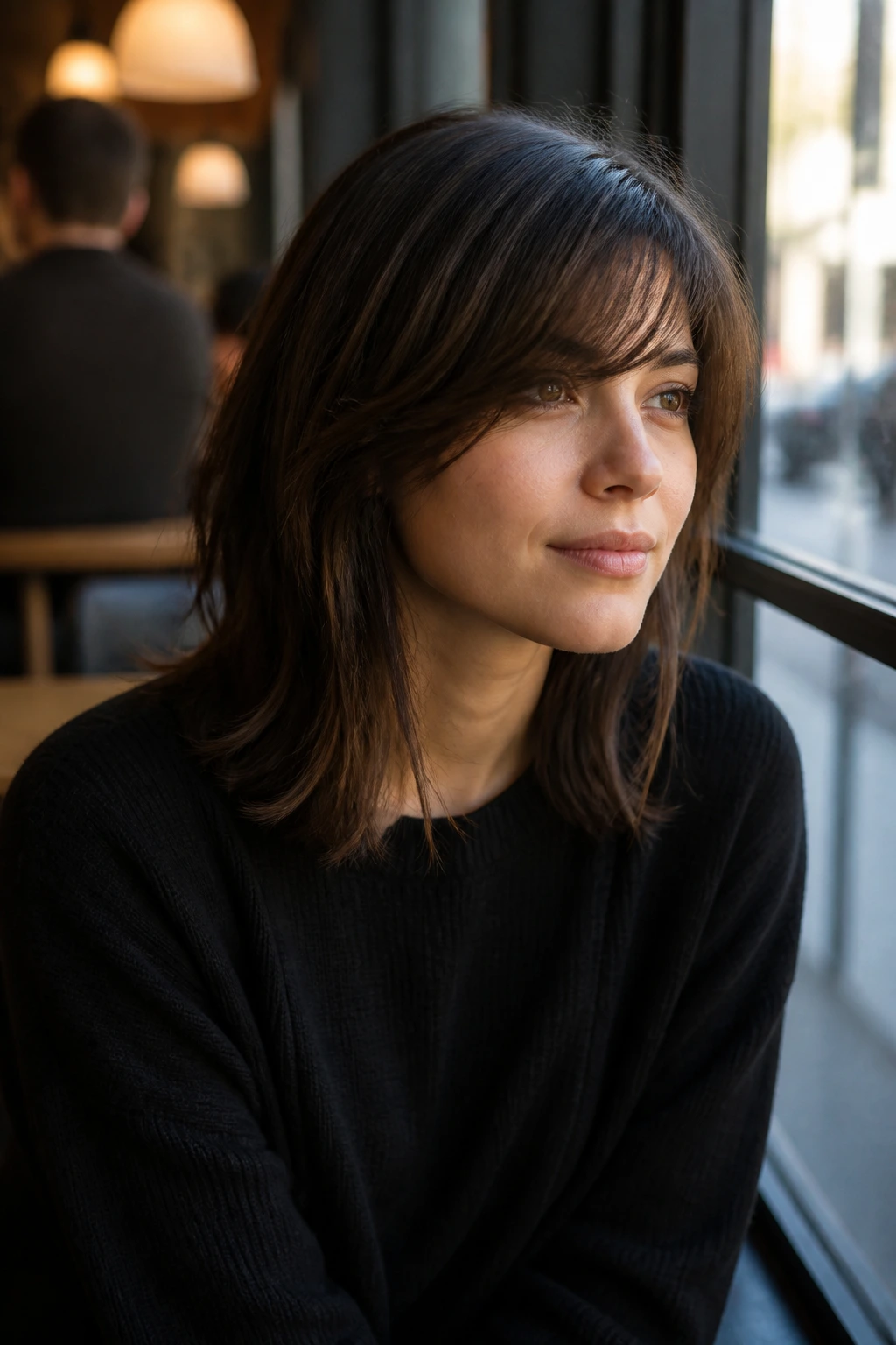 Portrait of a real person with side-swept curtain bangs across the forehead