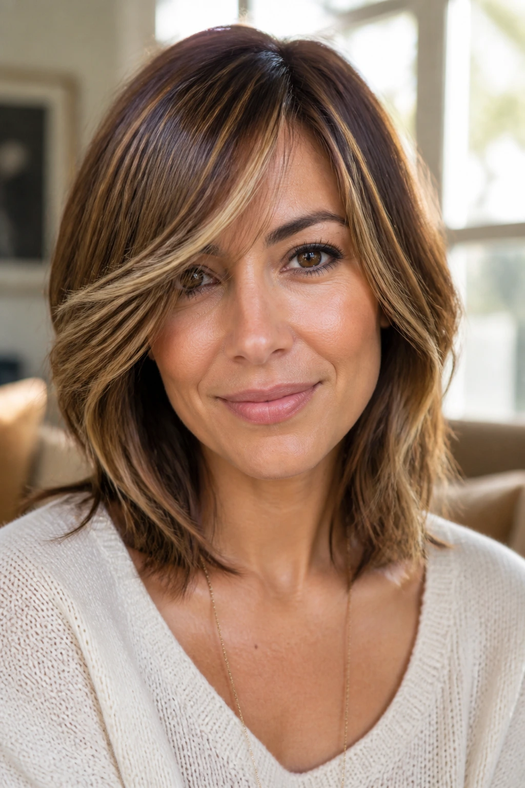Portrait of real person with side-swept bangs and subtle highlights in natural light