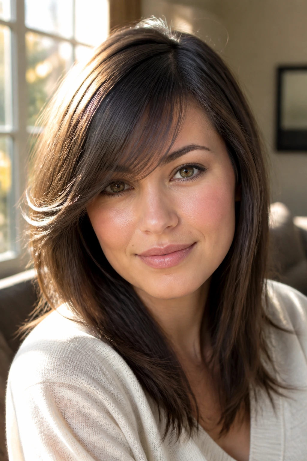 Woman with side-swept bangs in natural window light