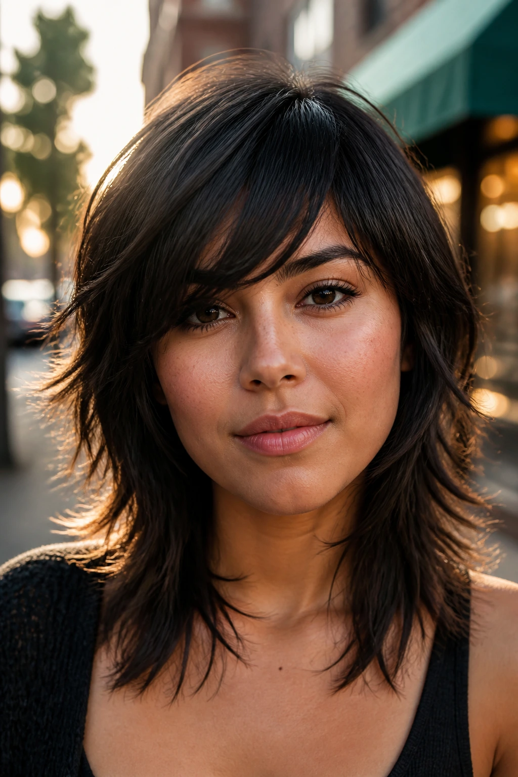 Close-up portrait of a real person with side-swept bangs shag