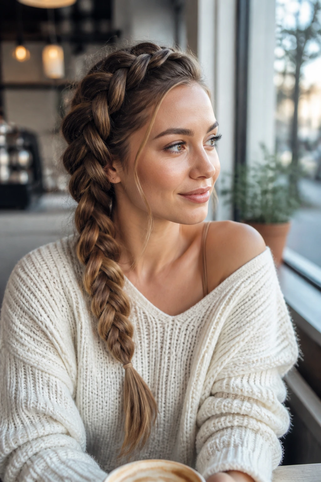 Portrait of a real woman with a side-swept Dutch braid over the shoulder