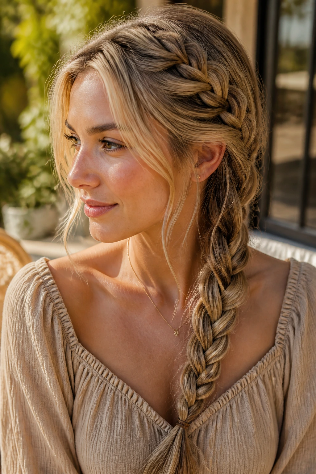 Close-up of a real woman with a side-swept French braid from temple to shoulder