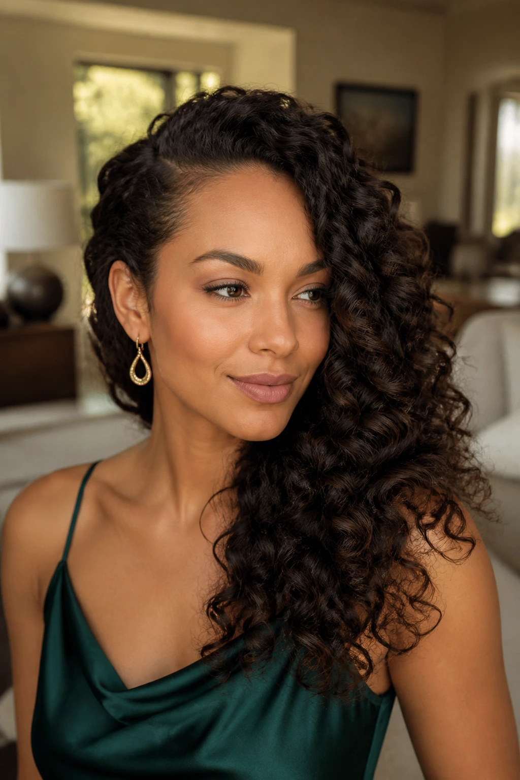 Close-up of a real woman with Side-Swept Glam Curls cascading over one shoulder in a soft-lit room.