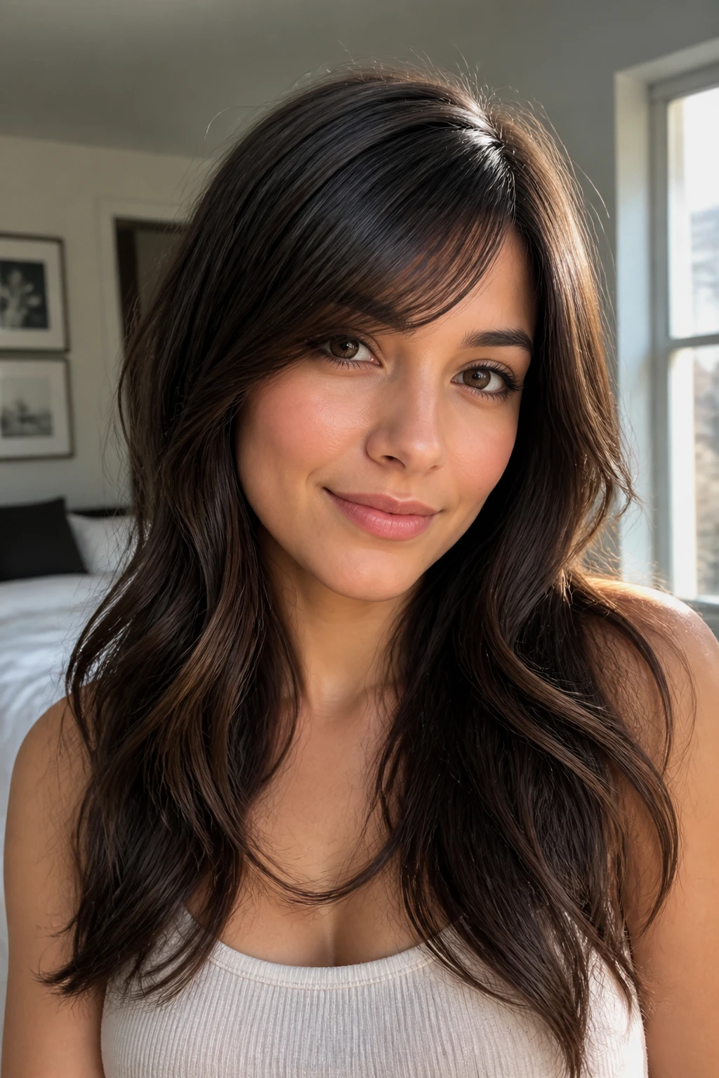 Close-up of a real woman's side-swept tapered fringe