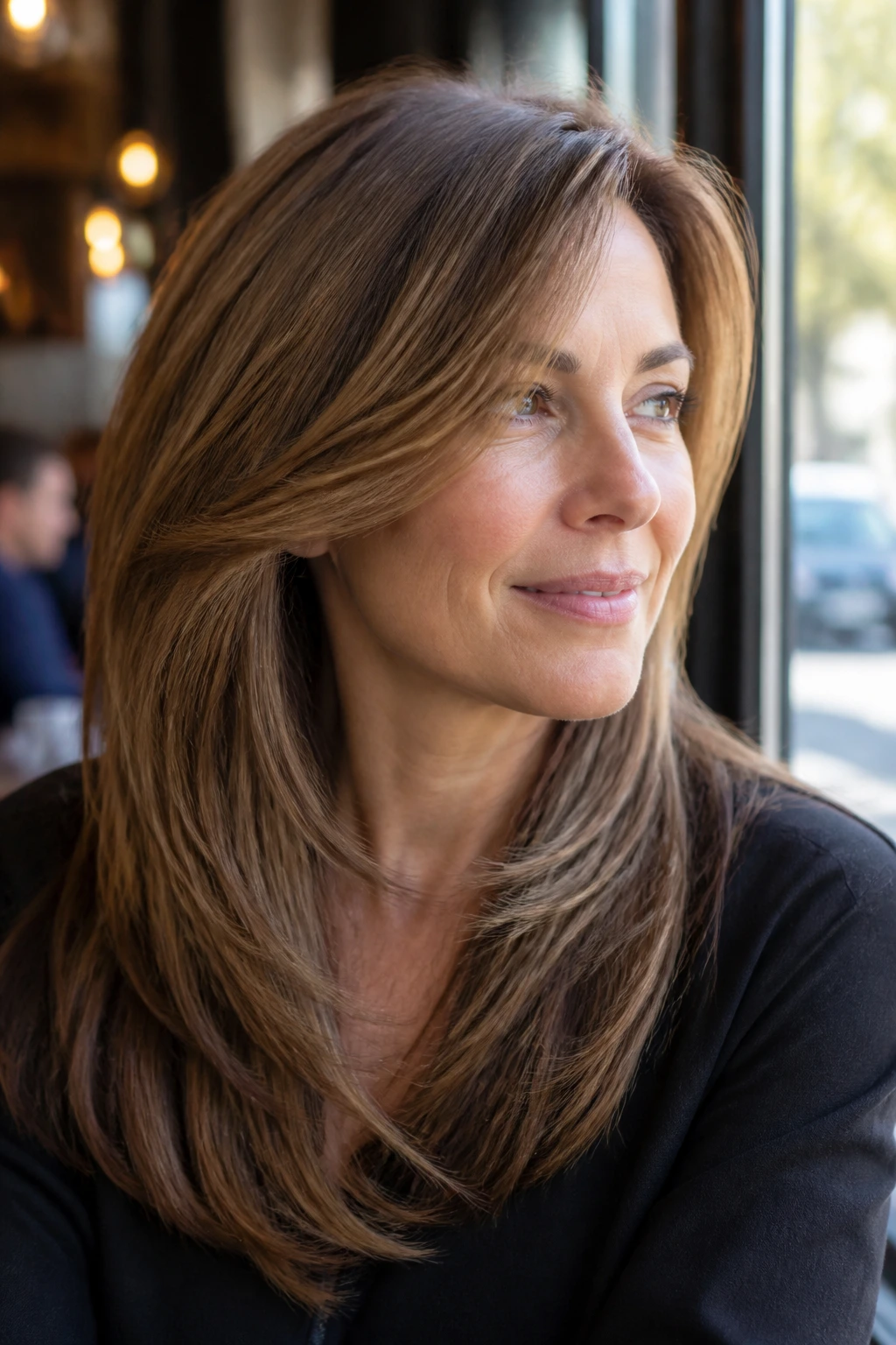 Close portrait of a woman in her 40s with side-swept layered hair framing her face