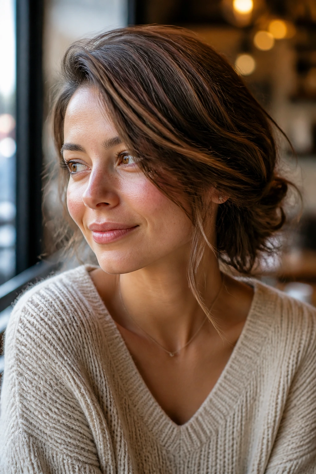 Close-up of a real woman with a messy side-swept tuck
