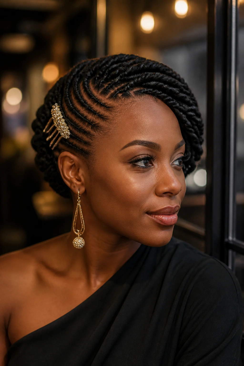 Close-up of side-swept twists pinned with a decorative comb