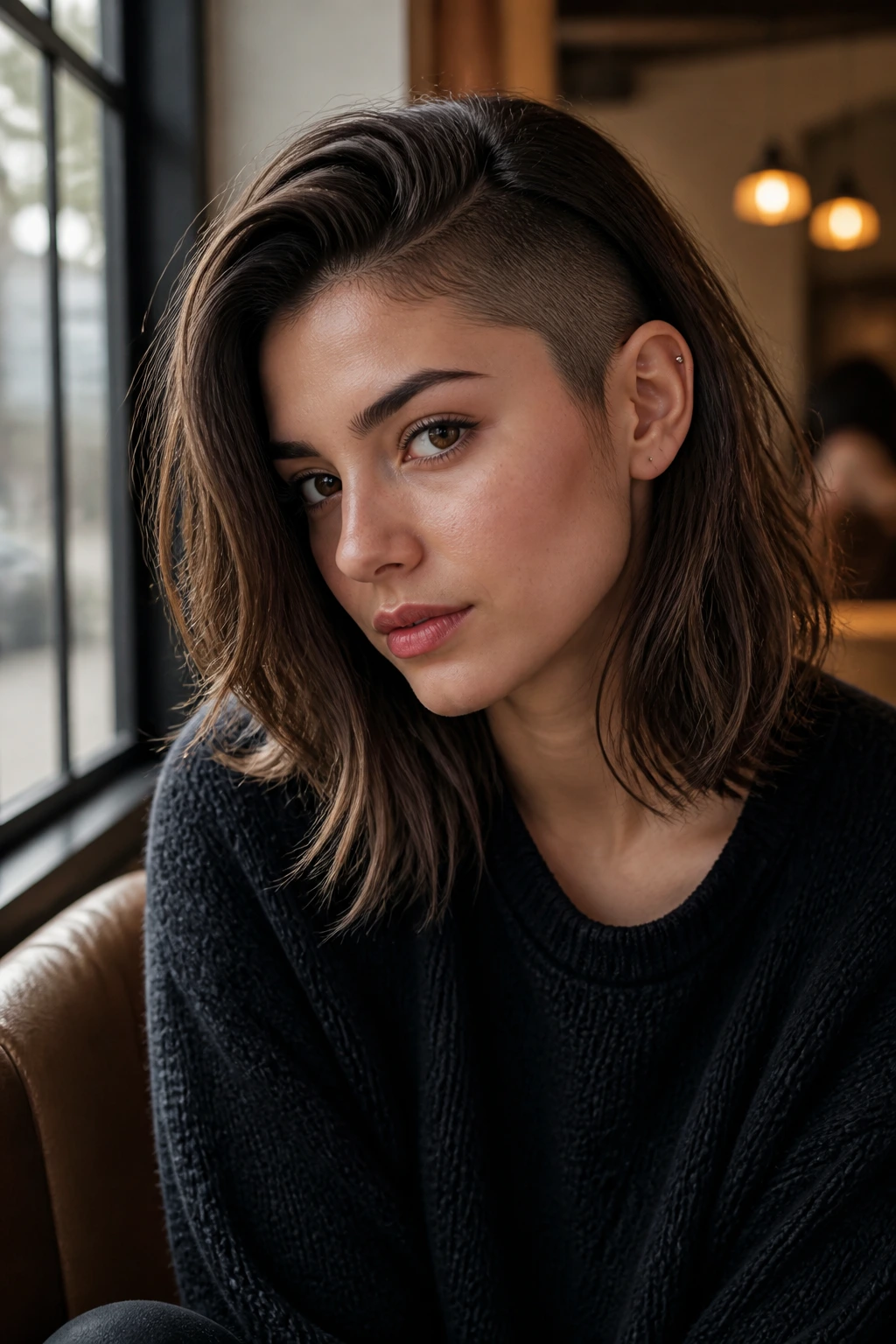 Portrait of a real person with a side-tucked medium cut and temple fade.