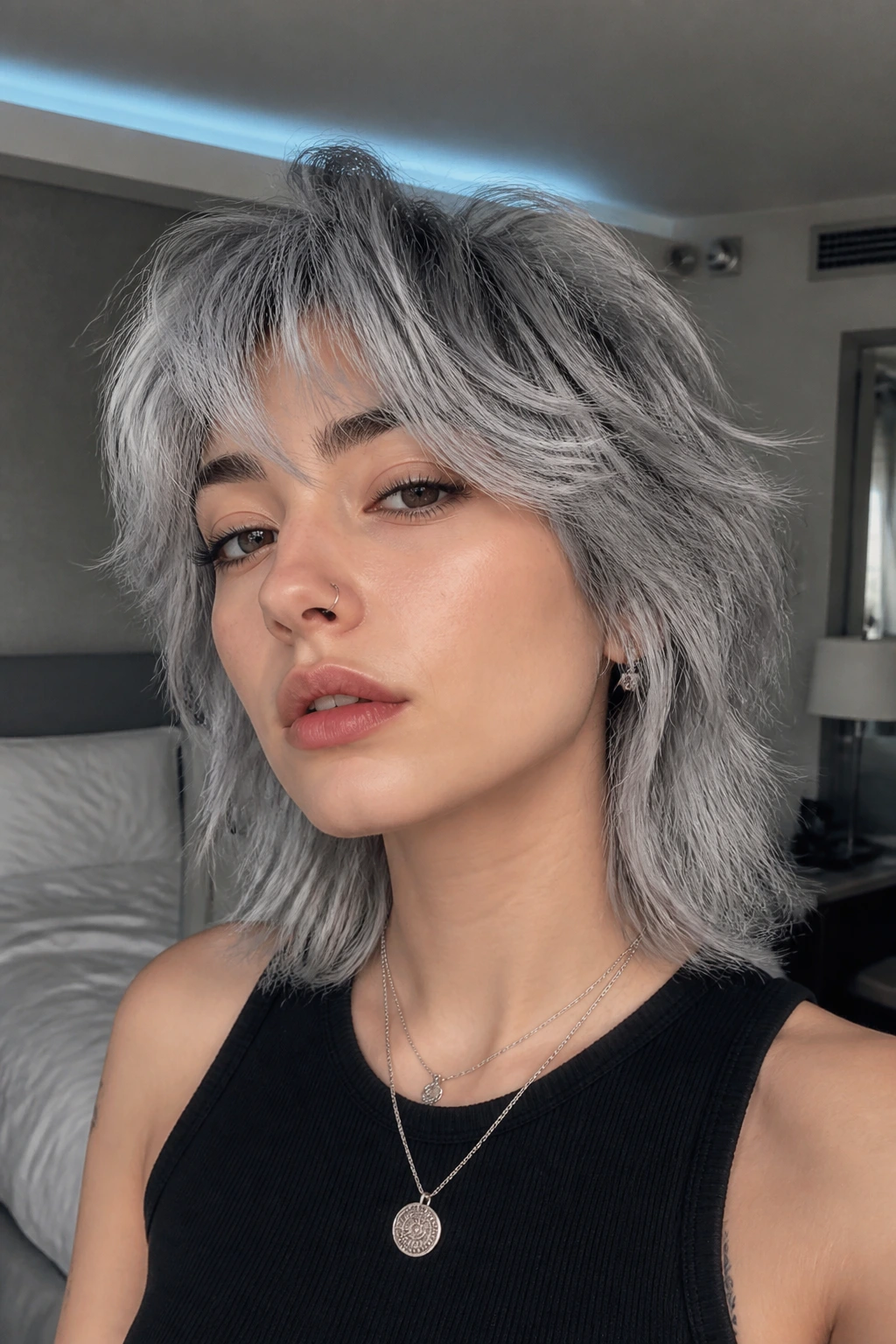 Real person with silver and ash grey short wolf cut in a bedroom
