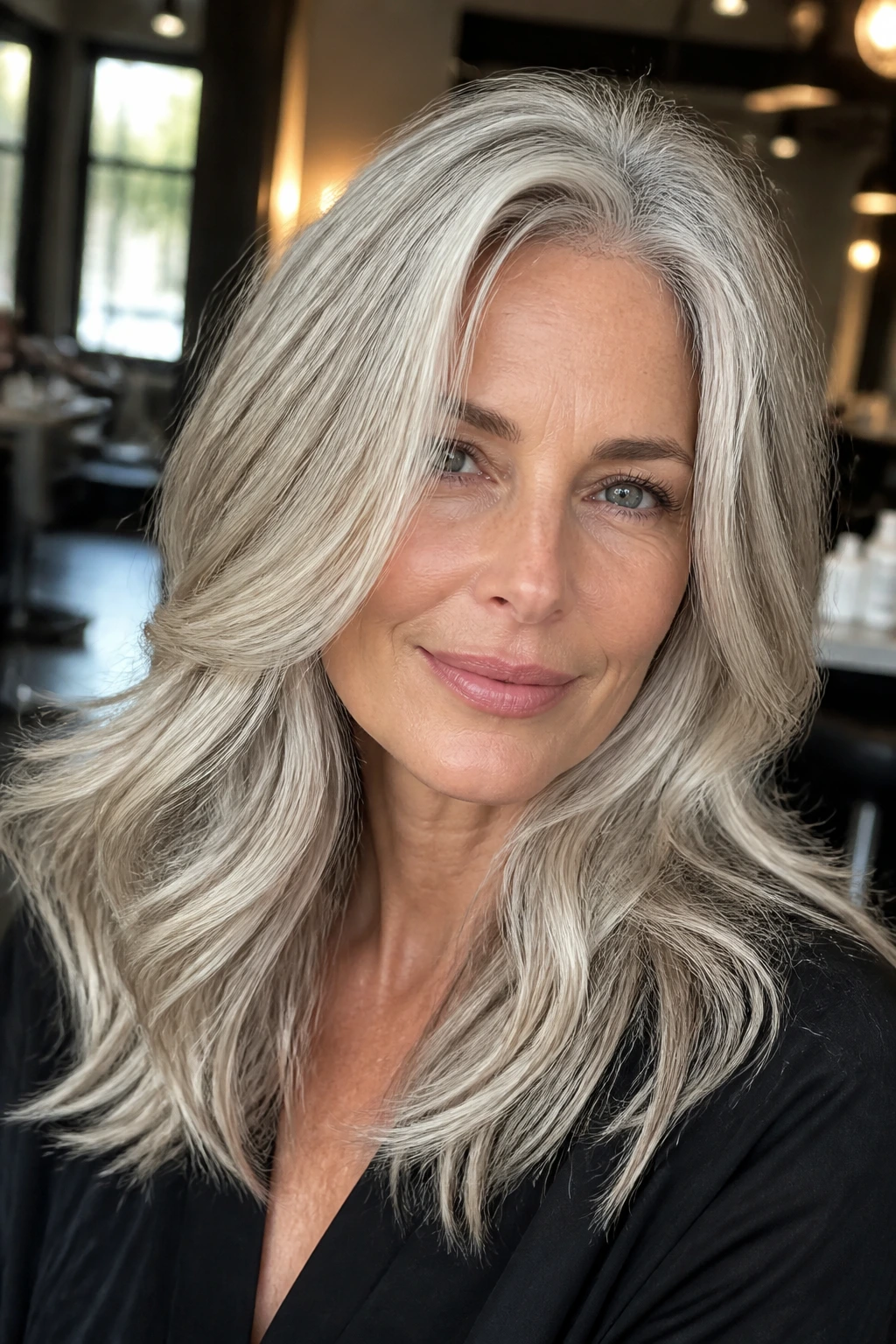 Close-up of a woman with silver-blonde fusion hair in warm salon light