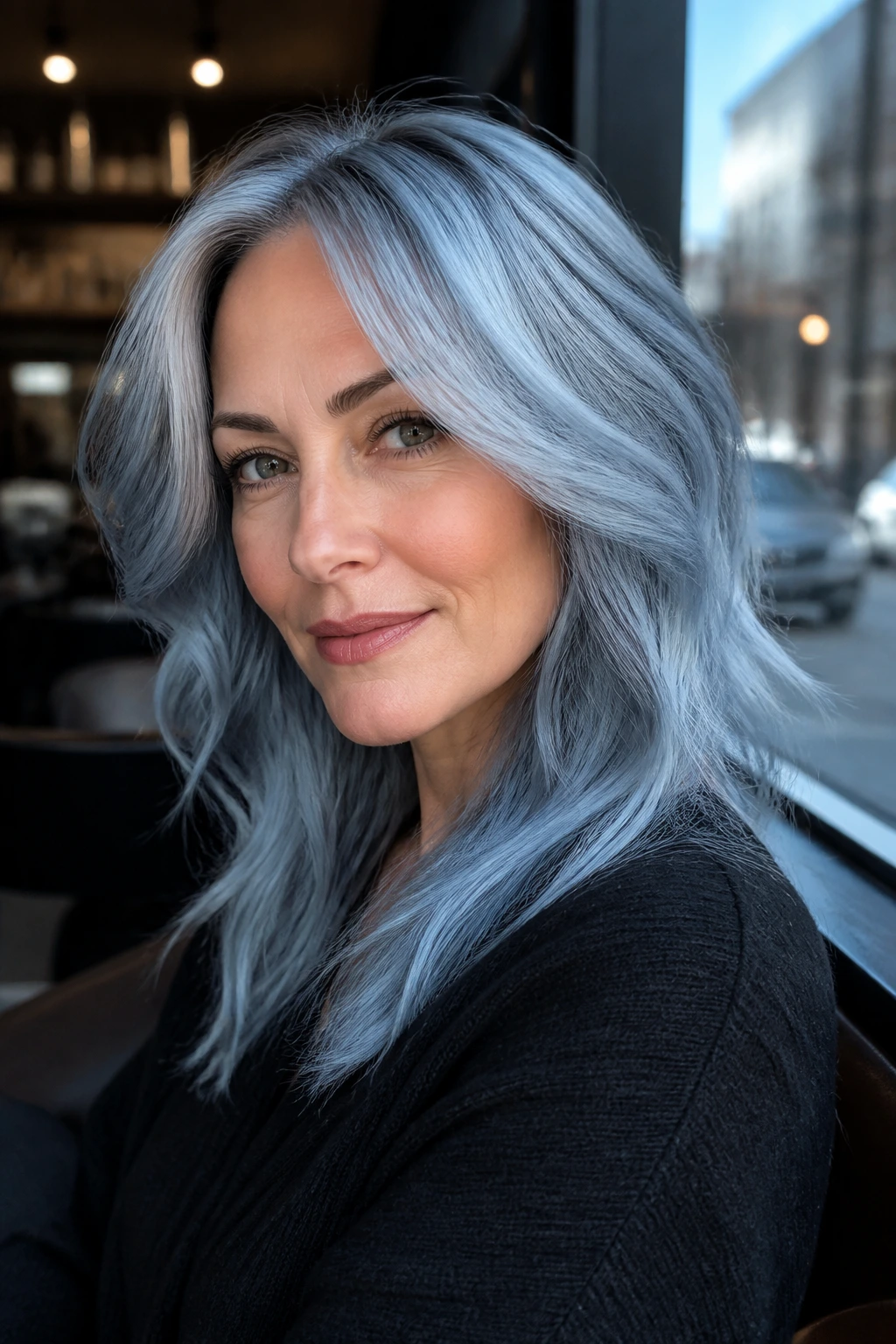 Close-up of a real person with silver-blue undertones in hair.