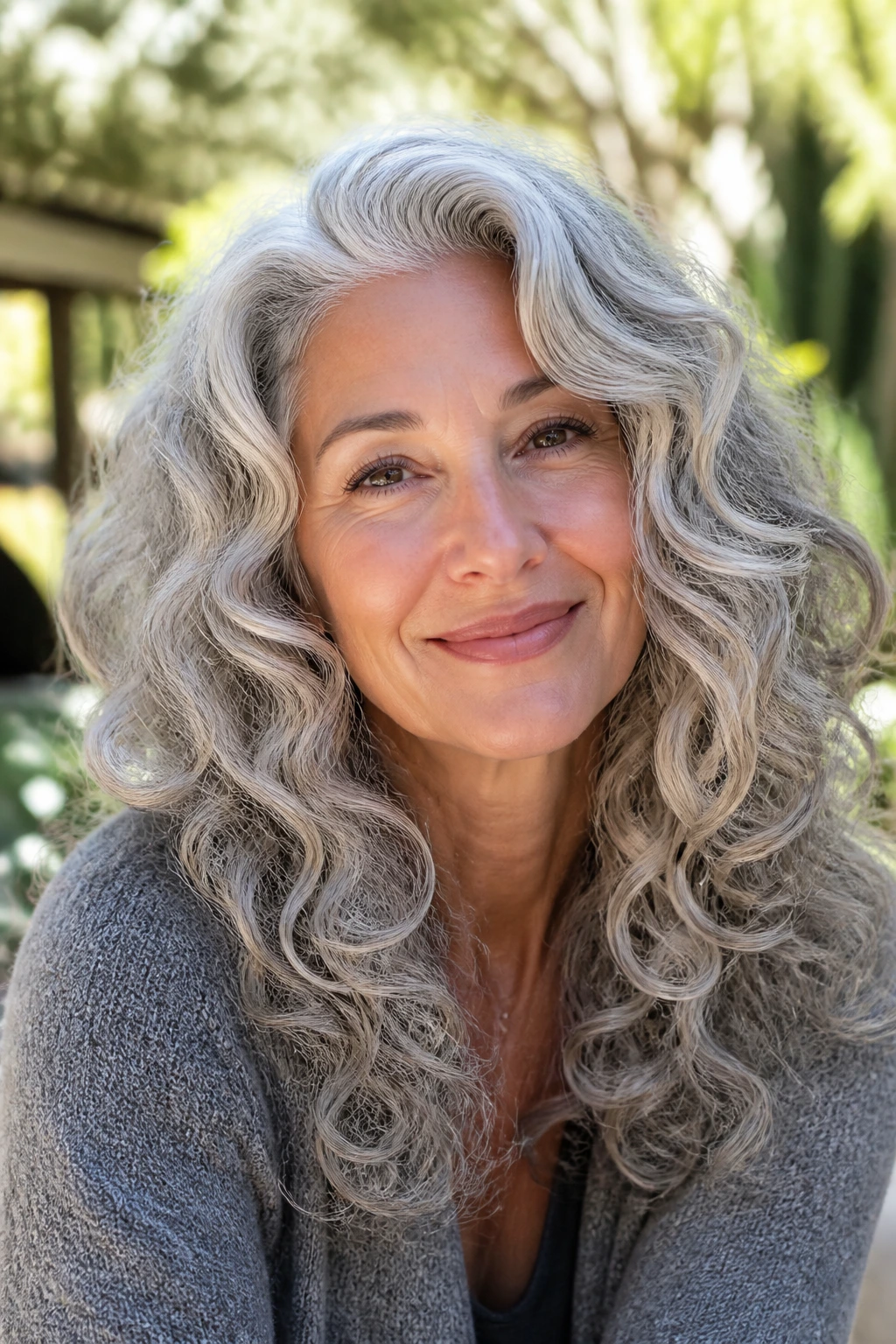 Portrait of a silver-haired woman with cascading curls