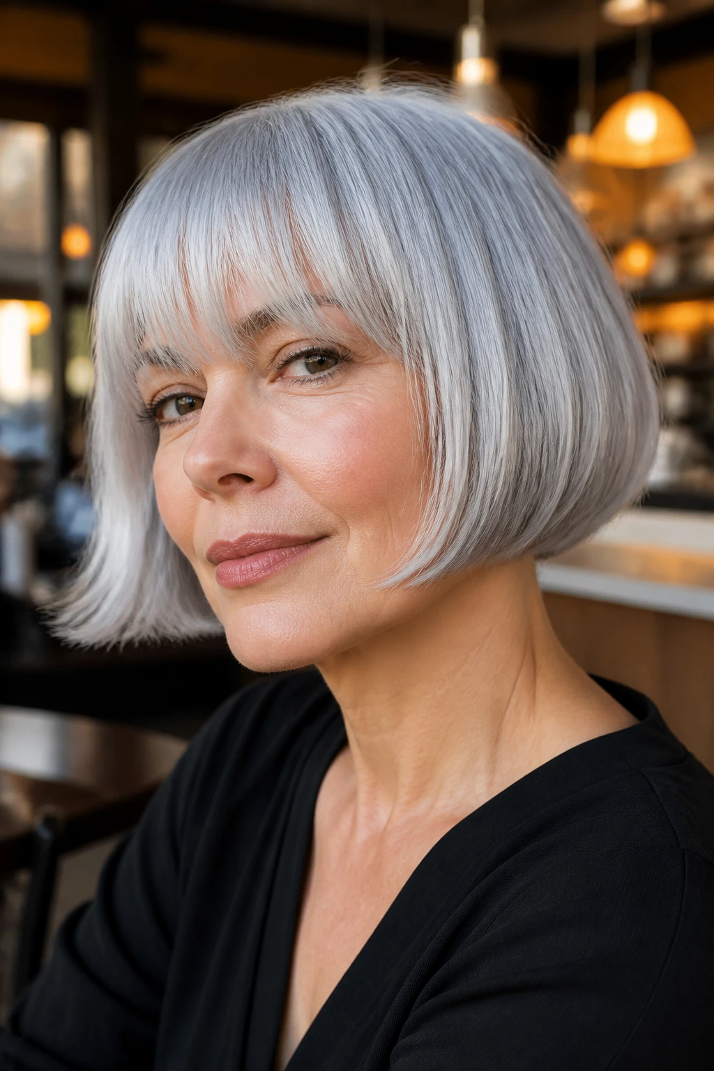 Close-up of a real person wearing a metallic silver French bob with textured bangs.