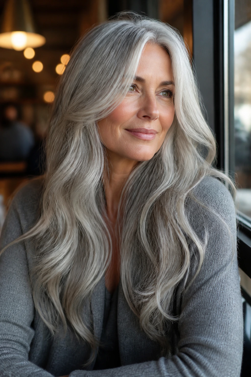 Close-up of a woman with natural gray silver waves and face-framing pieces.