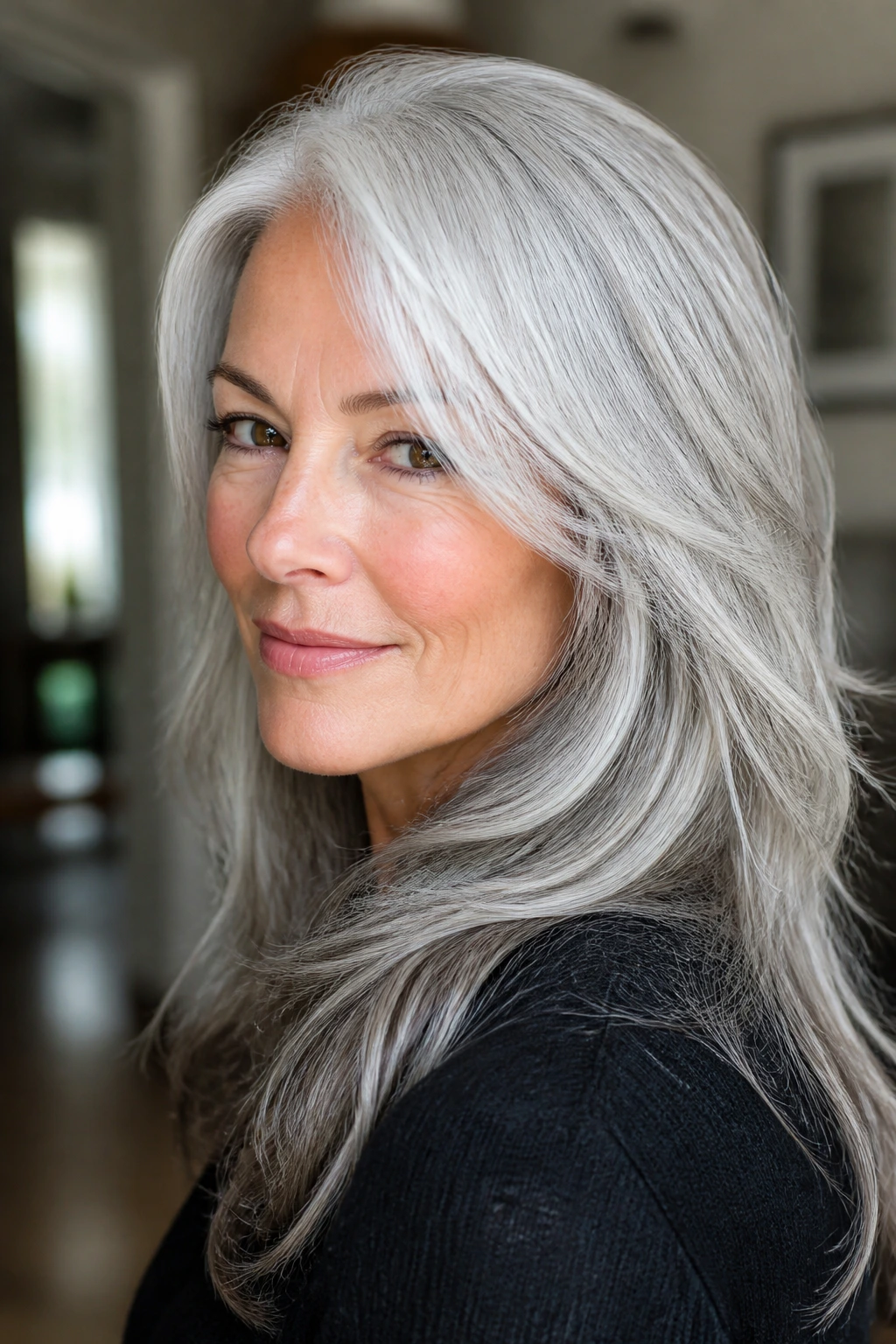 Close-up of white hair with silver lowlights on a real person