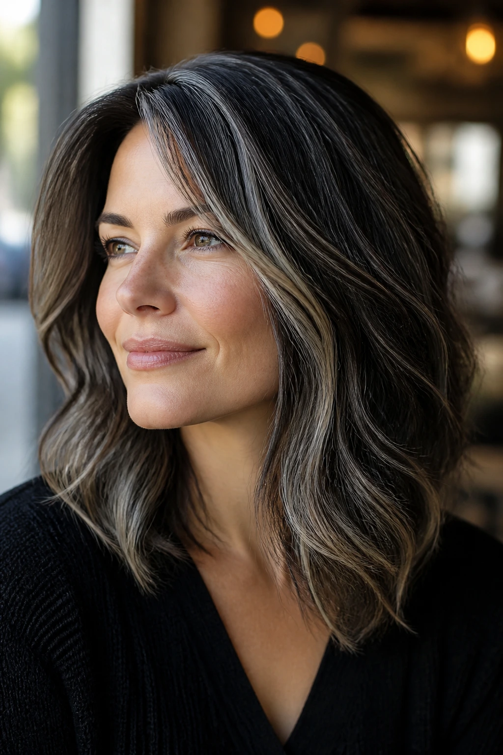 Close-up of a real person with dark base hair and silver highlights framing the face