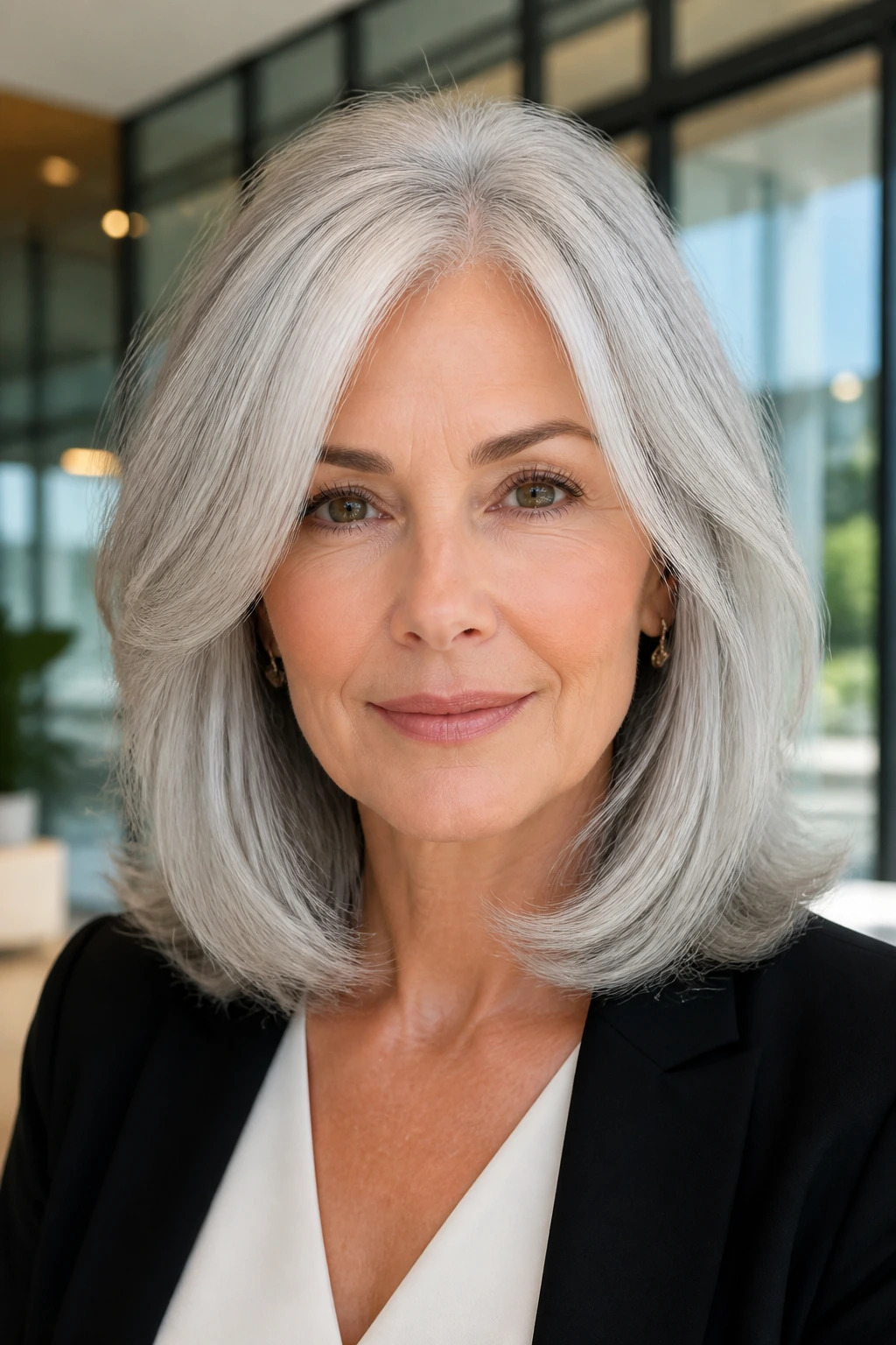 Close-up portrait of a real woman with a silver layered lob hairstyle in a bright office lobby.