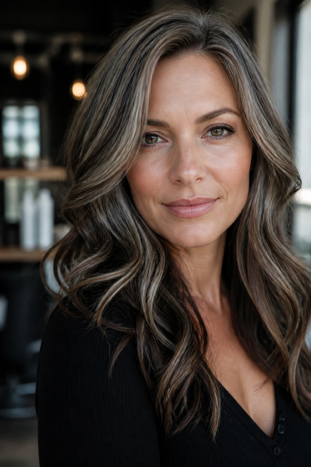 Real woman with silver smoky lowlights adding depth to light brown hair in a salon.