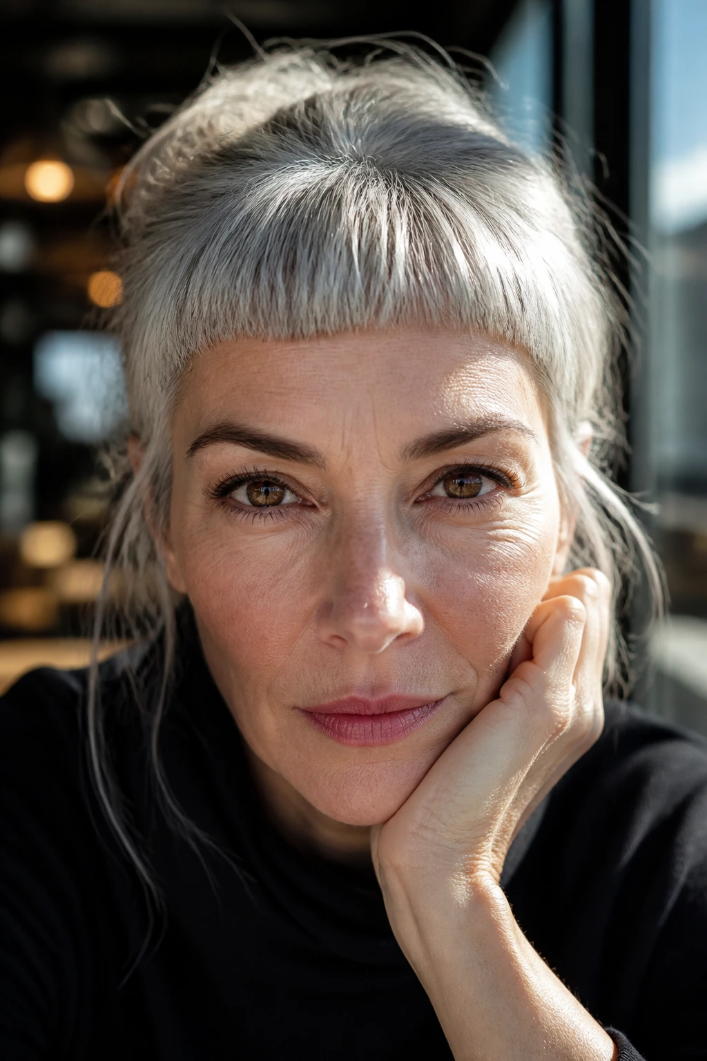 Portrait of real person with silver micro-bangs