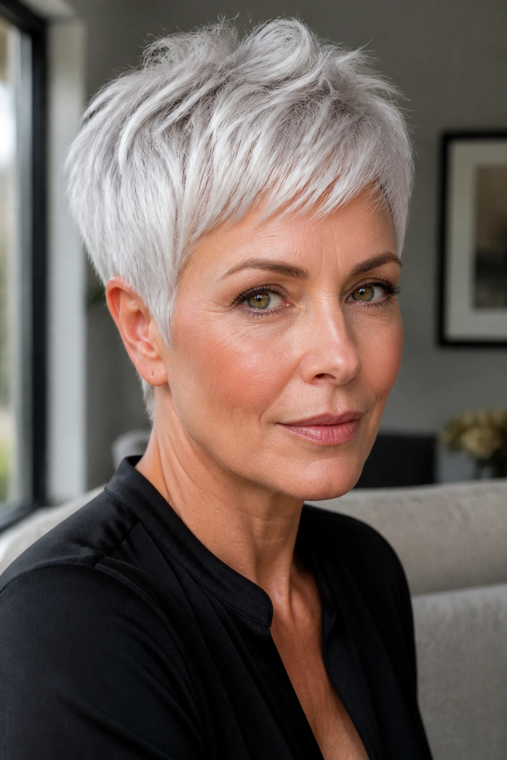 Close-up of a real woman with a silver pixie haircut in natural window light