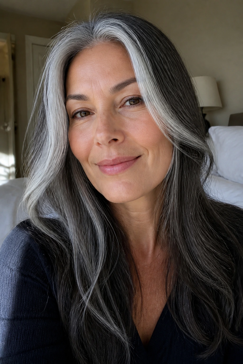 Close-up of face-framing silver ribbons in hair on a real person